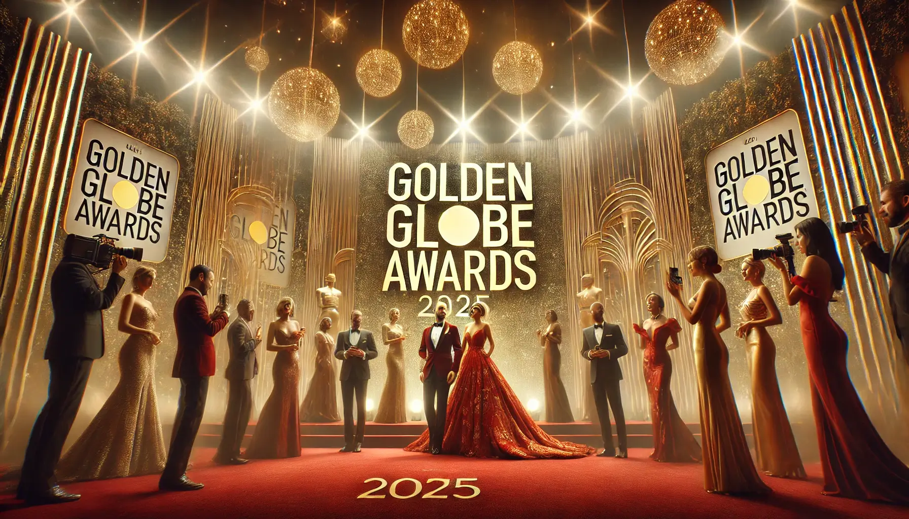 A glamorous red-carpet scene from the 2025 Golden Globe Awards, featuring celebrities in stunning attire under dazzling lights