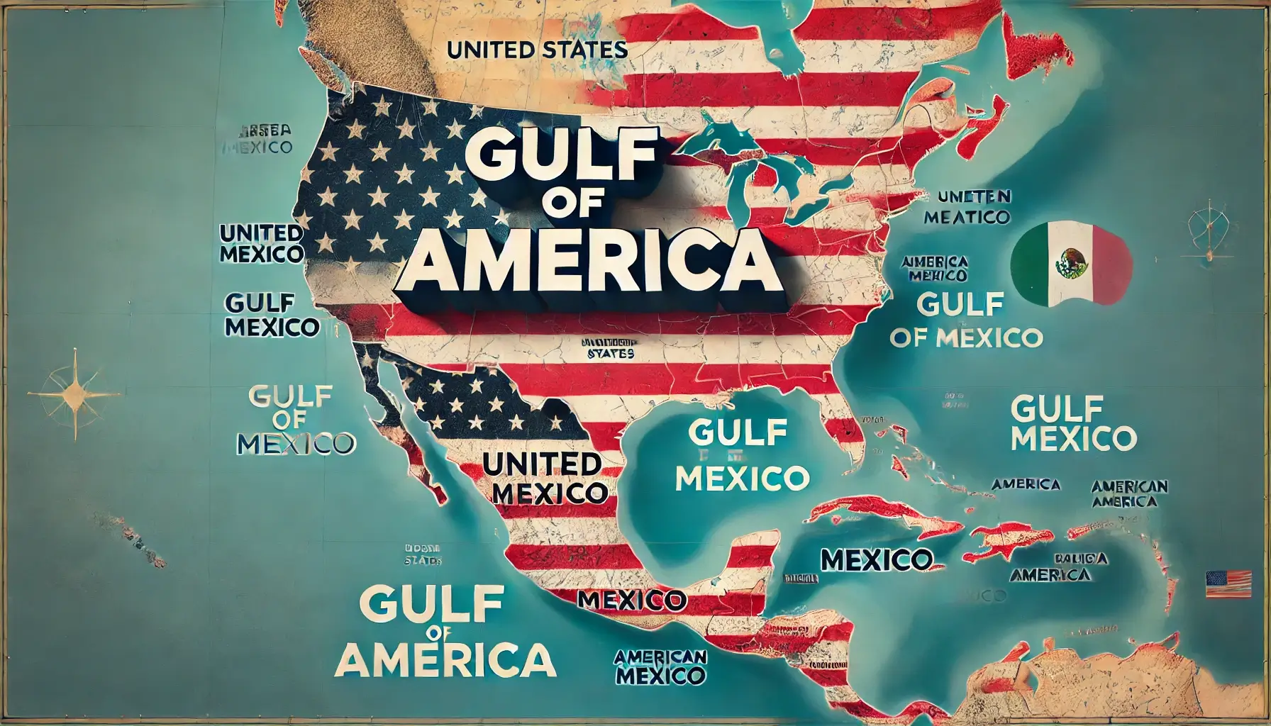 A conceptual political map of the Gulf of Mexico region labeled as the 'Gulf of America,' with an American flag overlay symbolizing the renaming proposal