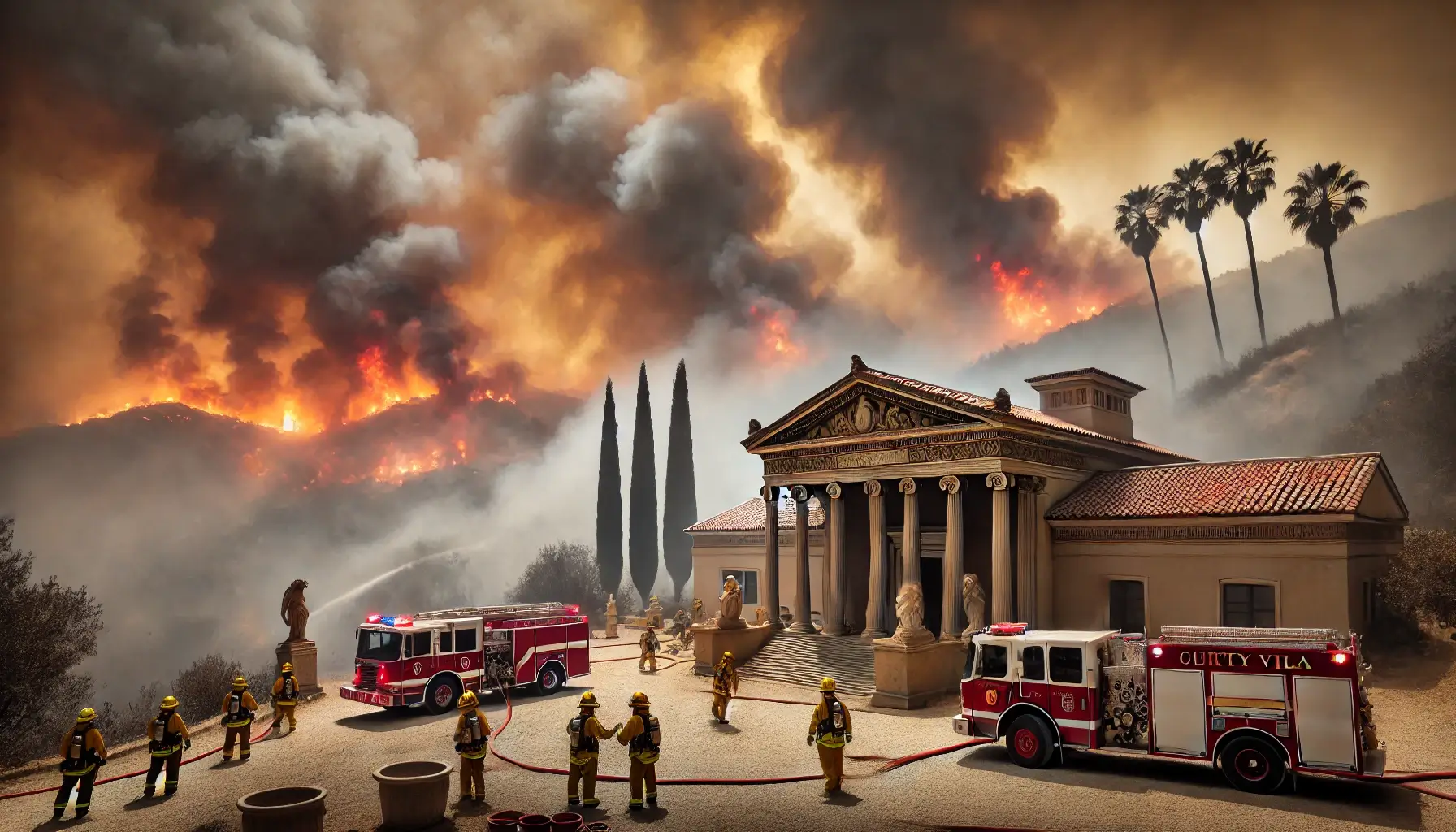 A Los Angeles wildfire encroaching on a residential area and cultural landmark under a smoky sky