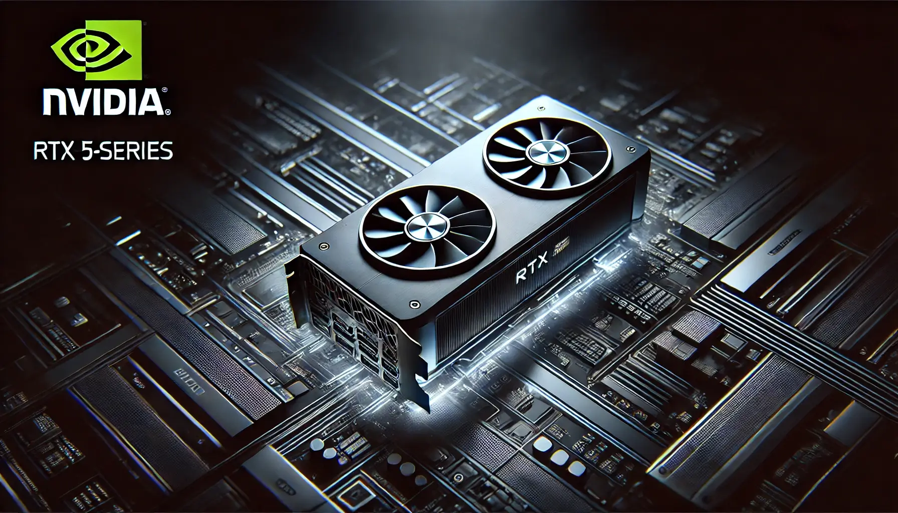 A sleek and modern NVIDIA RTX 50-series GPU showcasing its compact design and advanced cooling system