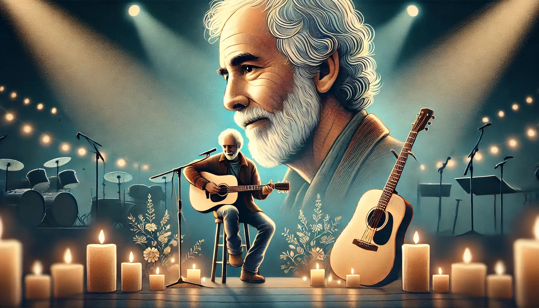 A heartfelt tribute to Peter Yarrow, featuring an illustration of the folk singer with his guitar on stage and a peaceful backdrop symbolizing his legacy in music and activism